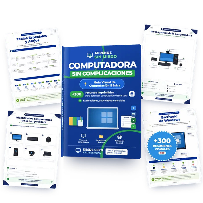 Mockup del kit Computadora Sin Complicaciones con el material principal y páginas internas abiertas